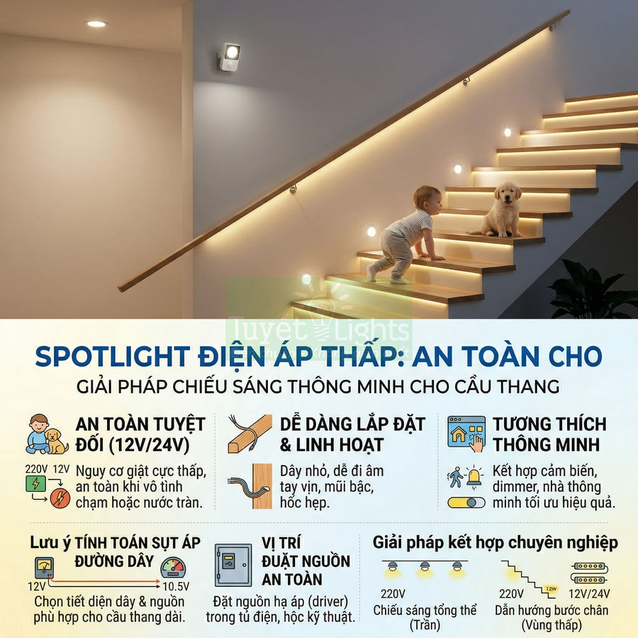 Đèn spotlight điện áp thấp chiếu sáng cầu thang an toàn cho trẻ nhỏ và thú cưng, giải pháp chiếu sáng thông minh